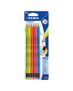 Creion grafit LYRA Neon - HB, cu radiera, 6 buc/blister, culori neon