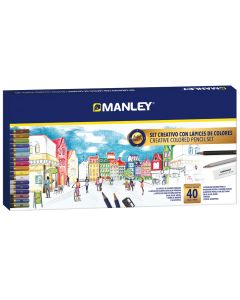 Set creioane colorate-Manley, culori asortate, ascutitoare+radiera incluse, 40 culori/set