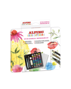 Acuarele 36 culori/cutie + pensula, burete, creion grafit, radiera, acutitoare, set hartie, ALPINO