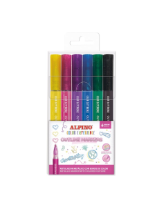 Markere metalice pentru conturare, varf rotund 2 mm, 6 culori/set, ALPINO Color Experience