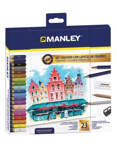 Set creioane colorate-Manley, culori asortate, ascutitoare+radiera incluse, 23 culori/set