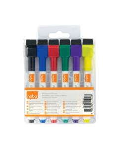 Marker NOBO, pentru table si flipcharturi, varf rotund 2 mm, cu burete, 6 buc/cutie, diverse culori