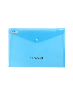Mapa PP protectie documente A7 landscape, inchidere cu capsa, 10/set, Optima - albastru transparent