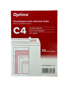 Plic C4 (324x229mm), lipire siliconica, 25 buc/set, Optima - alb