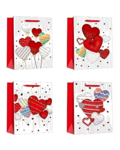 Punga cadou, carton glitter 210gr, design Red Heart, 18x23x10cm, modele asortate