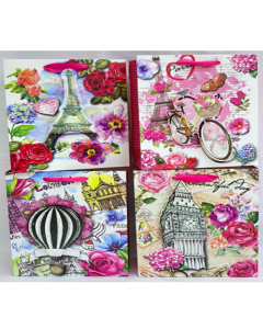 Punga cadou, carton glitter 3D, design Romantic, 32x26x10cm, modele asortate