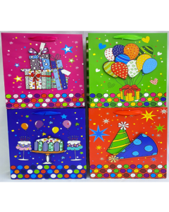 Punga cadou, carton glitter 3D, design Birthday, 32x26x10cm, modele asortate
