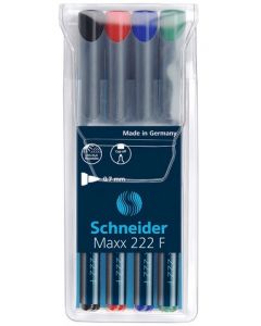 Universal permanent marker SCHNEIDER Maxx 222 F, varf 0.7mm, 4 culori/set - (N, R, A, V)