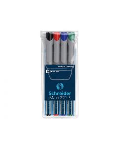 Universal non-permanent marker SCHNEIDER Maxx 221 S, varf 0.4mm, 4 culori/set - (N, R, A, V)