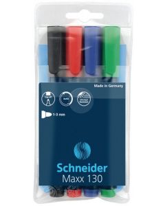 Permanent marker SCHNEIDER Maxx 130, varf rotund 1-3mm, 4 culori/set - (N, R, A, V)