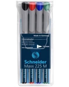Universal non-permanent marker SCHNEIDER Maxx 225 M, varf 1mm, 4 culori/set - (N, R, A, V)