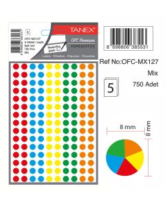 Etichete autoadezive color mix, D 8 mm, 240 buc/set, TANEX - culori fluorescente asortate