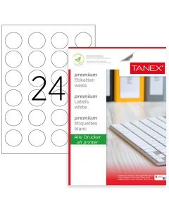 Etichete albe autoadezive, repozitionabile, rotunde - D40mm, 24/A4, 25 coli/top, TANEX