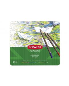 Creioane acuarela DERWENT Academy, cutie metalica, 24 buc/set, diverse culori