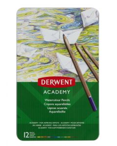 Creioane acuarela DERWENT Academy, cutie metalica, 12 buc/set, diverse culori