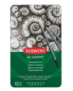 Creioane Grafit 6B-5H DERWENT Academy, cutie metalica, 12 buc/set, negru