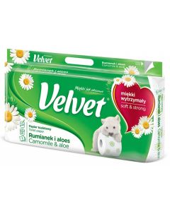 Hartie igienica alba, 3 straturi, 150 de portii,  8 role/bax, VELVET - Camomile & Aloe