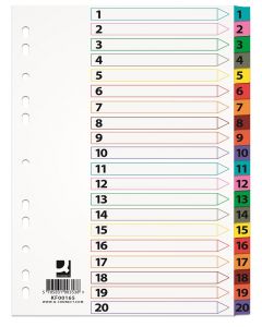 Index carton alb Mylar numeric 1-20, margine PP color, A4, 170g/mp, Q-Connect