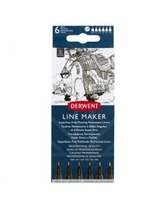 Liner DERWENT Professional, 6 dimensiuni, varf subtire si uscare rapida, 6 buc/set, negru