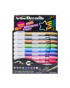 Marker ARTLINE Decorite, varf rotund 1.0mm, 10 culori metalizate/set + 1 folie magnetica neagra