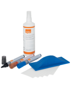 Kit pentru tabla NOBO, 3 markere diverse culori, burete magnetic + rezerva, spray curatare 125 ml