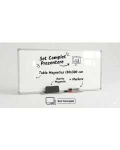 Set Complet Prezentare: Tabla magnetica 120x300 cm, alba cu rama din aluminiu Optima+ burete magnetic+ markere tabla magnetica