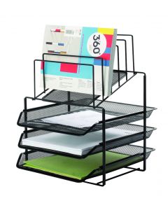Set 3 tavite metalice Mesh, suprapozabile + suport documente cu 5 separatoare, Q-Connect - negru