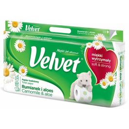 Hartie igienica alba, 3 straturi, 150 de portii,  8 role/bax, VELVET - Camomile & Aloe