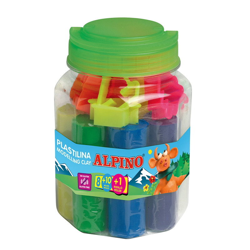 Instrumente & Truse geometrice, Kit 8 culori x 80gr. plastilina + 10 forme modelaj + roller, ALPINO - vectordirect.ro