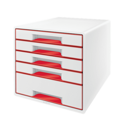 Leitz, Cabinet cu sertare LEITZ WOW, 5 sertare, PS, reciclabil, A4, cu tavita organizare, alb-rosu - vectordirect.ro