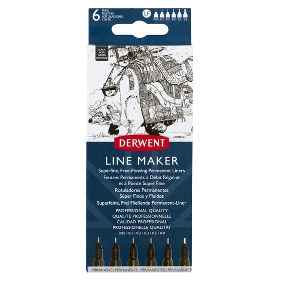 Derwent, Liner DERWENT Professional, 6 dimensiuni, varf subtire si uscare rapida, 6 buc/set, negru - vectordirect.ro