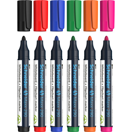 Accesorii table magnetice, Marker SCHNEIDER Maxx 290, pentru tabla de scris+flipchart, varf rotund 2-3mm, 6 cul/set - (N,R,A,V, - vectordirect.ro