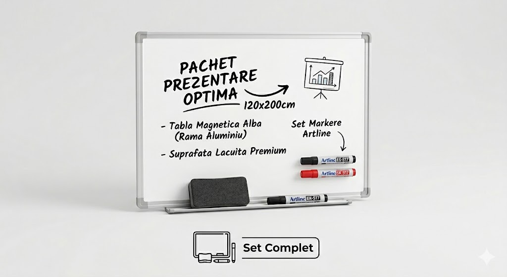Set Complet Prezentare : Tabla magnetica 120x200 cm, alba cu rama din aluminiu Optima+ burete magnetic+ markere tabla magnetica