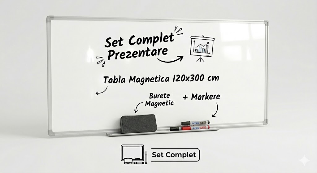 Set Complet Prezentare: Tabla magnetica 120x300 cm, alba cu rama din aluminiu Optima+ burete magnetic+ markere tabla magnetica