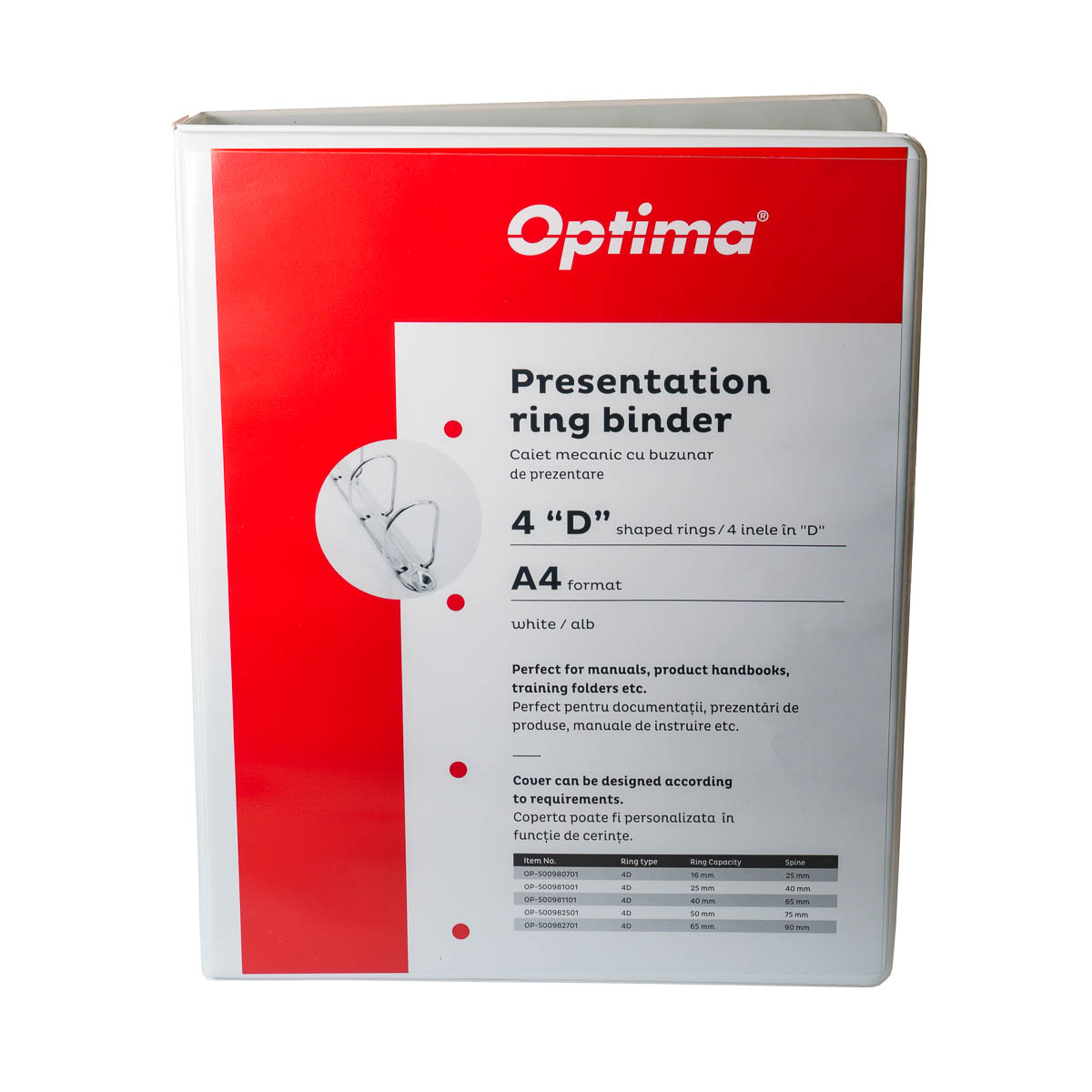 Caiet mecanic A4, 4 inele in D 16 mm, cotor 2,5 cm, plastifiat PP Optima - alb