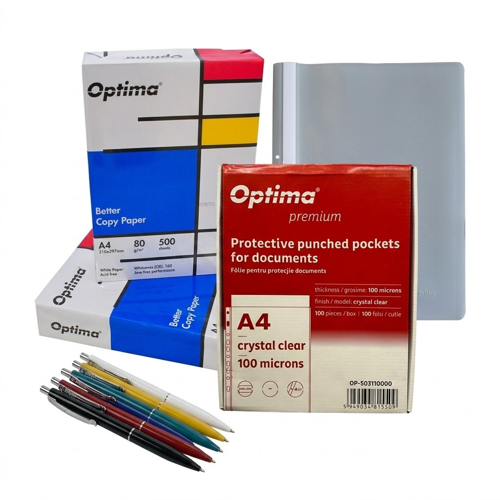Kit birou complet: Hartie alba pentru copiator A4, 80g/mp, clasa B, 500coli/top, Optima + Folie protectie+Dosare plastic+ Pix Schneider