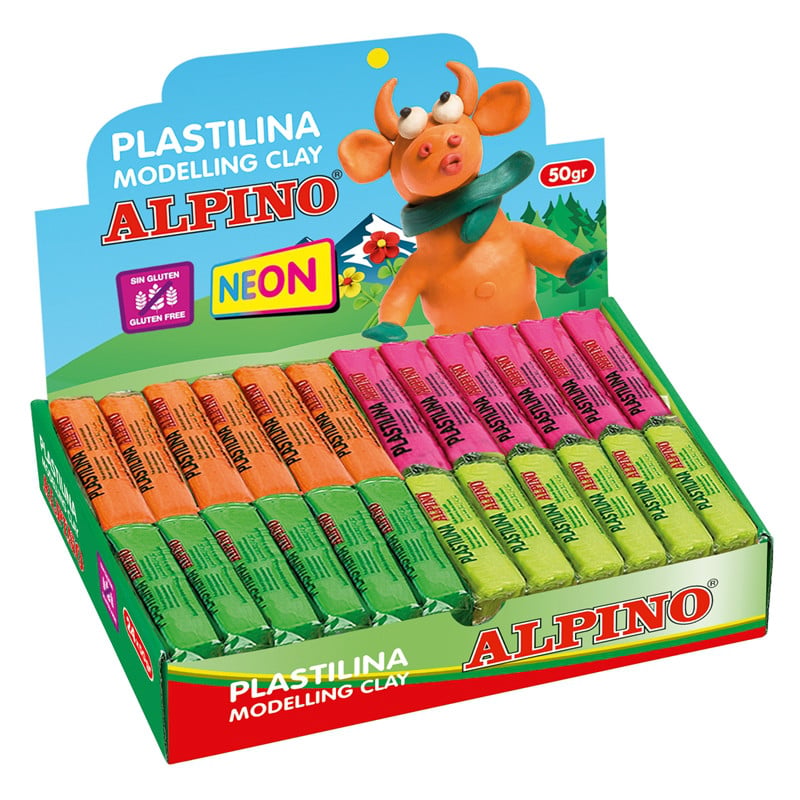 Penare, Display plastilina fluorescenta, 24 x  50gr./display, ALPINO -  6 culori asortate - vectordirect.ro