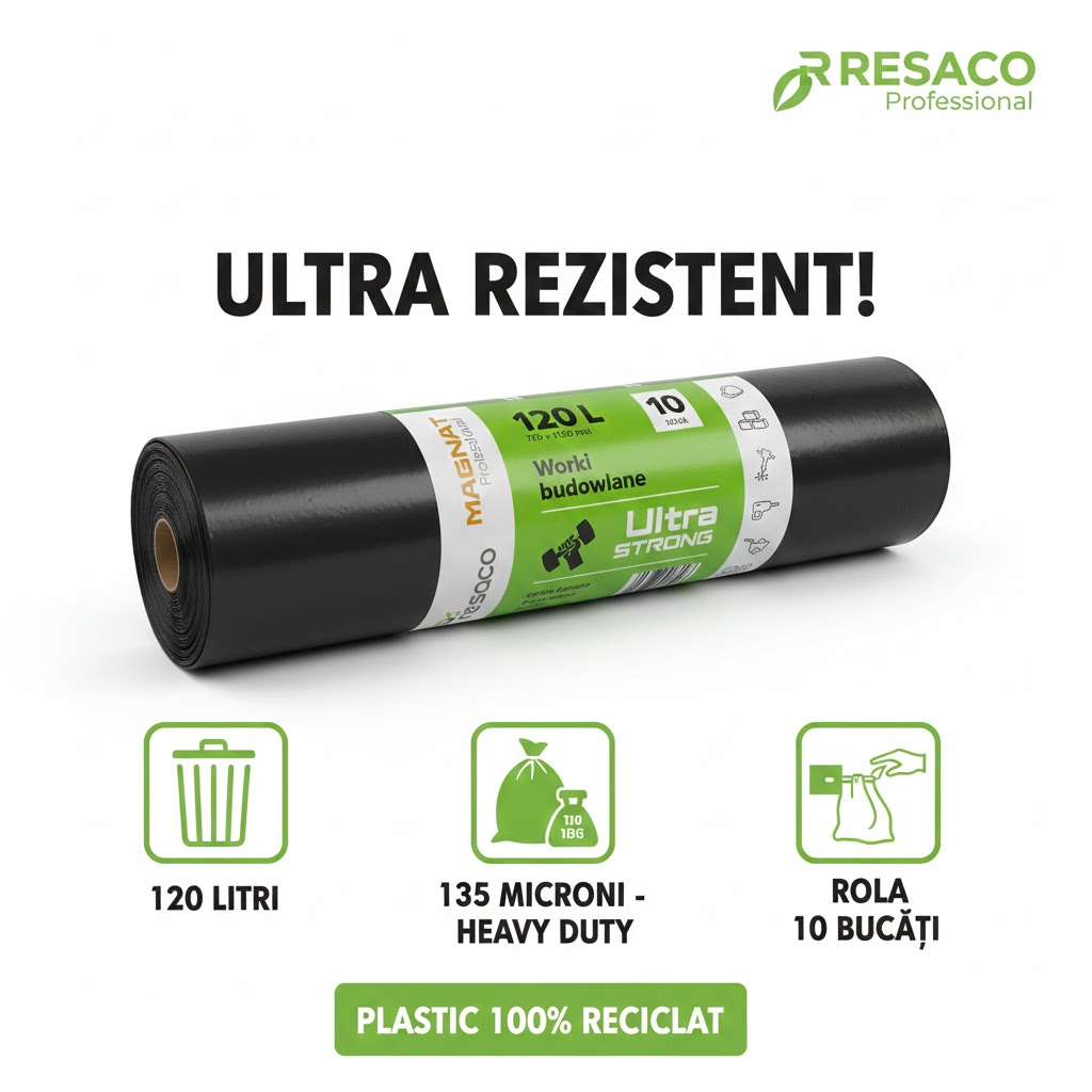 Toate produsele, Saci Gunoi RESACO PROFESSIONAL 120L, 135 Microni - ULTRA REZISTENTI, Plastic Reciclat - vectordirect.ro