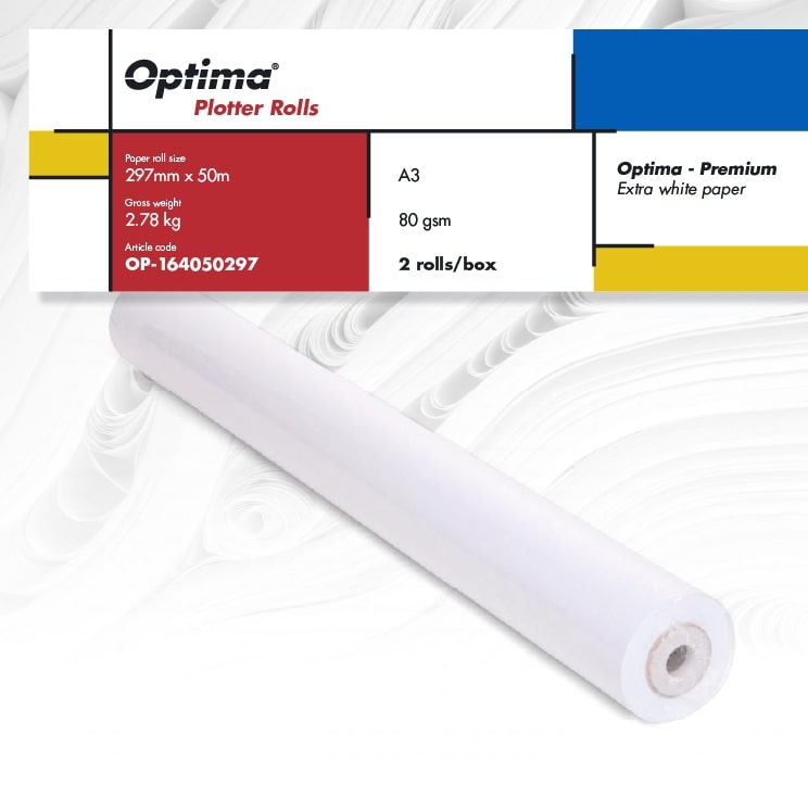 Role hartie plotter, Rola Hârtie Plotter Premium A3, 80gr, 297mm x 50m, 2 Role/Cutie - Optima - vectordirect.ro