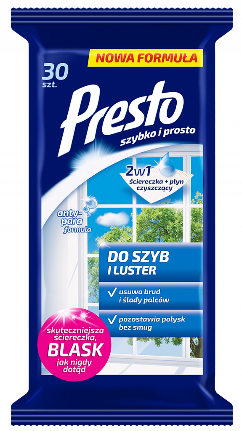 Servetele umede pentru geamuri si oglinzi,  30 buc/pachet, Presto - efect antistatic si antiaburire