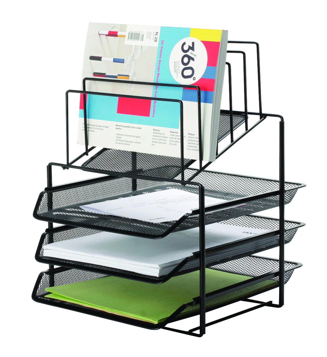 Toate produsele, Set 3 tavite metalice Mesh, suprapozabile + suport documente cu 5 separatoare, Q-Connect - negru - vectordirect.ro