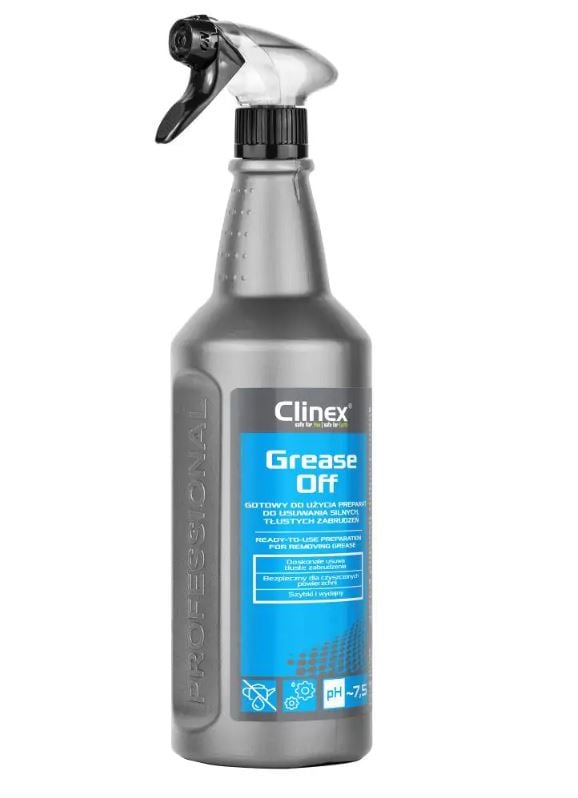 Produse recomandate, CLINEX GreaseOff, 1 litru, cu pulverizator, solutie concentrata pentru indepartarea grasimii - vectordirect.ro