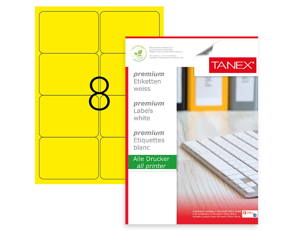 Toate produsele, Etichete color autoadezive, 8/A4, 99.1 x 67.7mm, 25 coli/top, TANEX - galben fluorescent - vectordirect.ro