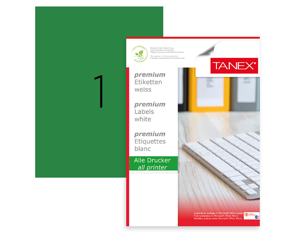 Tanex, Etichete color autoadezive, 1/A4, 210 x 297mm, 25 coli/top, TANEX - verde fluorescent - vectordirect.ro