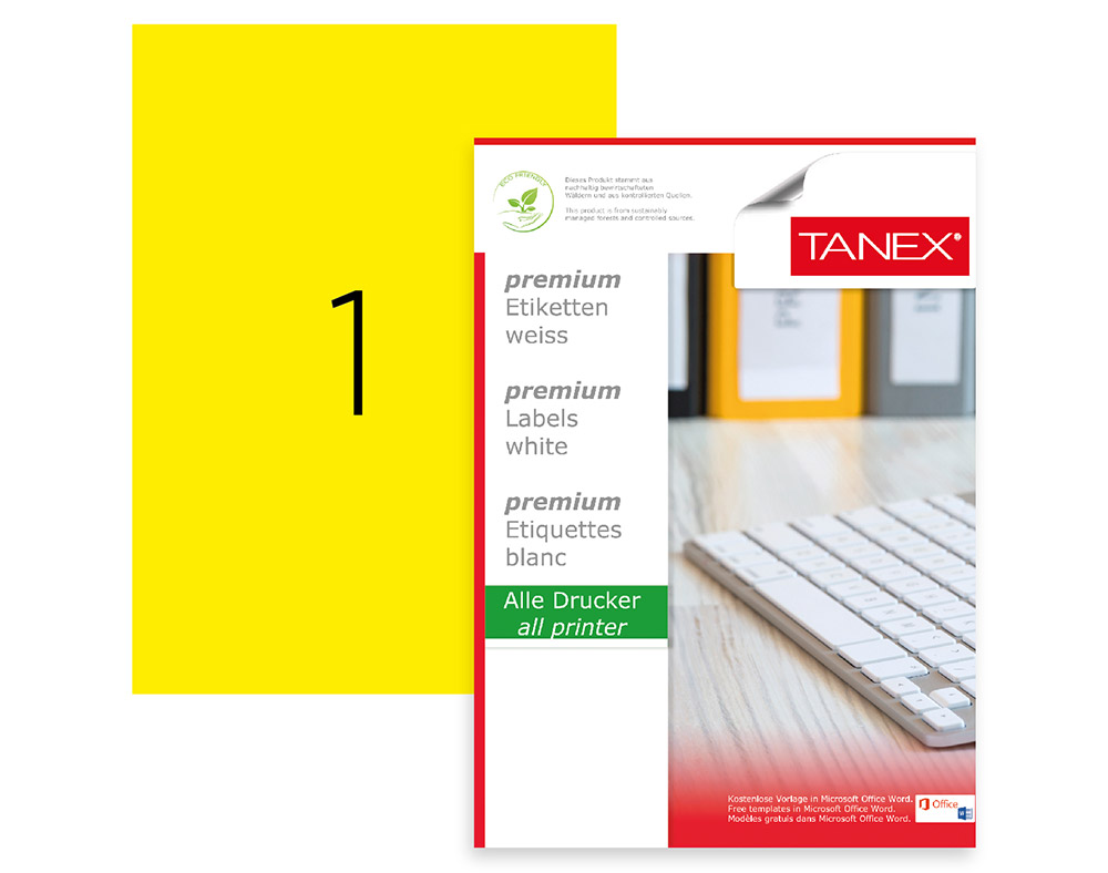 Tanex, Etichete color autoadezive, 1/A4, 210 x 297mm, 25 coli/top, TANEX - galben fluorescent - vectordirect.ro